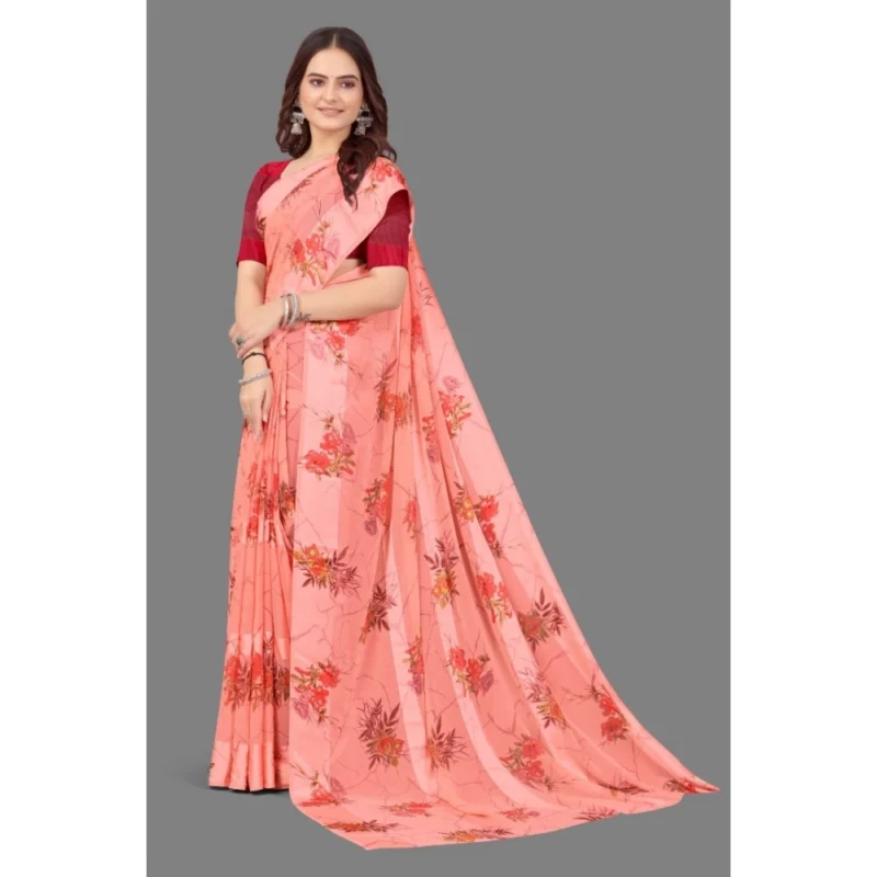 Generic Women's Satin Patta Printed Saree With Unstitched Blouse (Peach) - Image 4