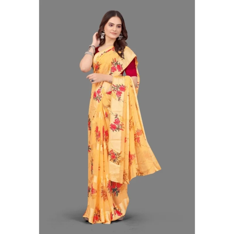 Generic Women's Satin Patta Printed Saree With Unstitched Blouse (Beige) - Image 4