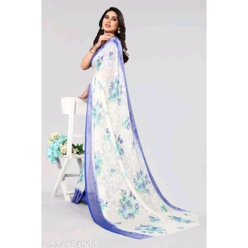 Generic Women's Viscose Rayon Printed Saree With Unstitched Blouse (Blue) - Image 3