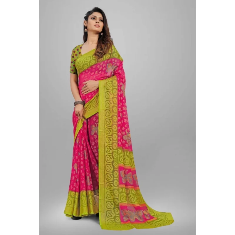Generic Women's Viscose Rayon Printed Saree With Unstitched Blouse (Pink) - Image 5