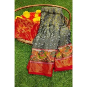 Generic Women's Viscose Rayon Printed Saree With Unstitched Blouse (Grey)