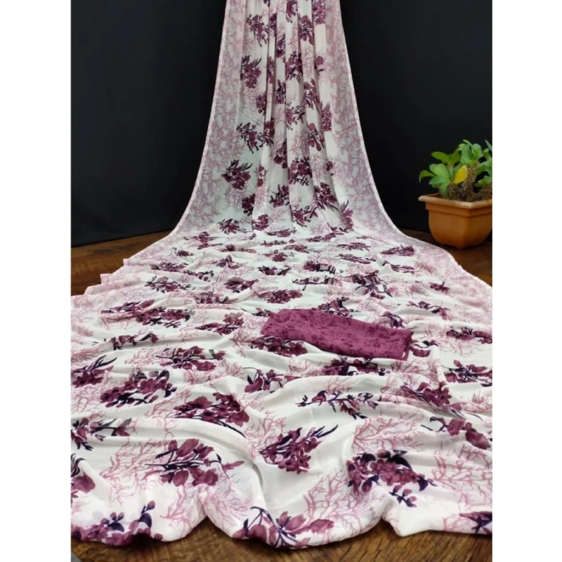 Generic Women's Georgette Printed Saree With Unstitched Blouse (Pink)