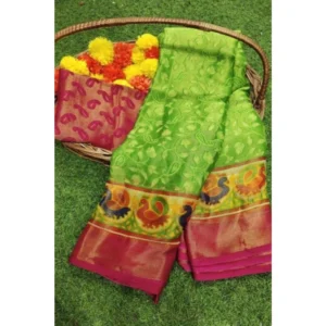 Generic Women's Viscose Rayon Printed Saree With Unstitched Blouse (Green)