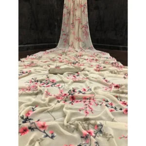 Generic Women's Georgette Printed Saree With Unstitched Blouse (Offwhite)