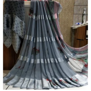 Generic Women's Satin Patta Printed Saree With Unstitched Blouse (Grey)