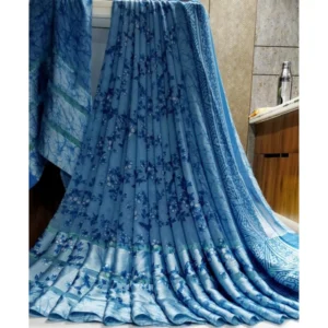 Generic Women's Satin Patta Printed Saree With Unstitched Blouse (Blue)