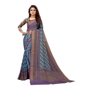 Generic Women's Viscose Rayon Printed Saree With Unstitched Blouse (Navy Blue)