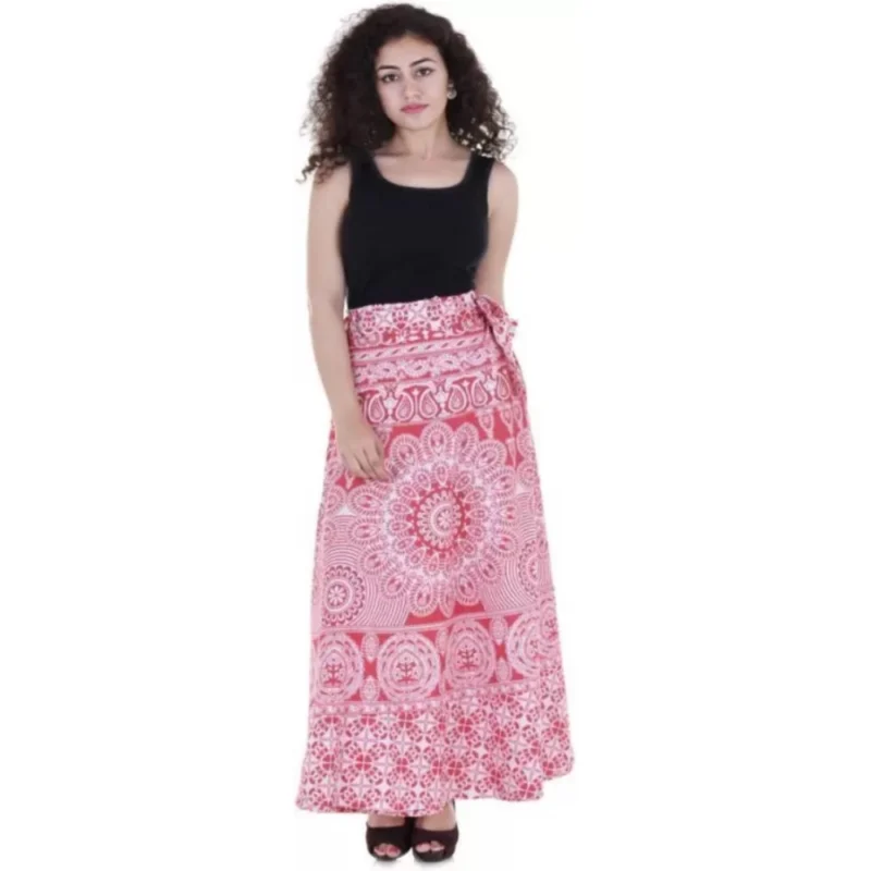 Generic Women's Cotton Printed Wrap Around Maxi Skirt (Red, Free Size) - Image 2