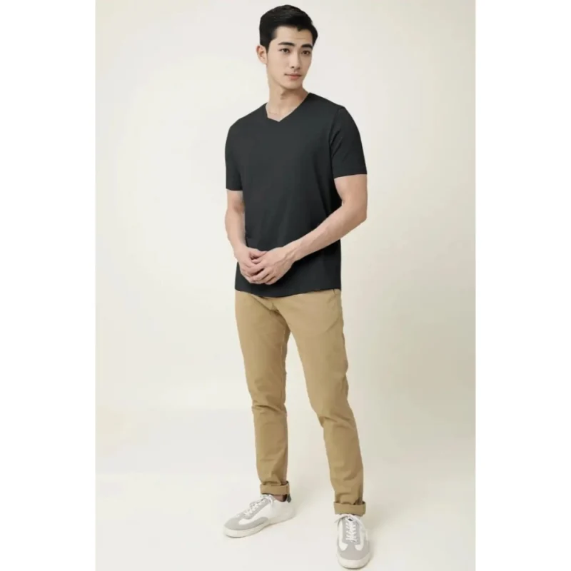 Generic Men's Casual Half sleeve Solid Cotton V Neck T-shirt (Black) - Image 5