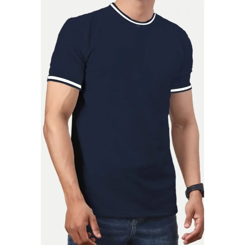 Generic Men's Casual Half sleeve Solid Polyester Crew Neck T-shirt (Navy) - Image 3