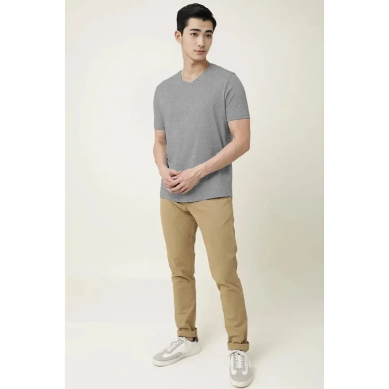 Generic Men's Casual Half sleeve Solid Cotton V Neck T-shirt (Grey Melange) - Image 5