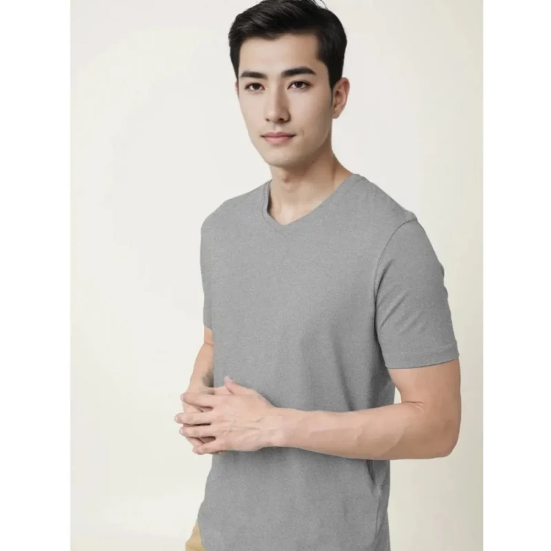 Generic Men's Casual Half sleeve Solid Cotton V Neck T-shirt (Grey Melange) - Image 7