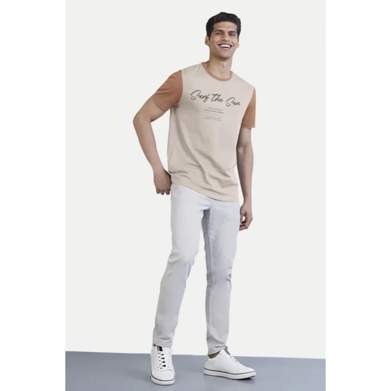 Generic Men's Casual Half sleeve Printed Cotton Crew Neck T-shirt (Cream) - Image 5
