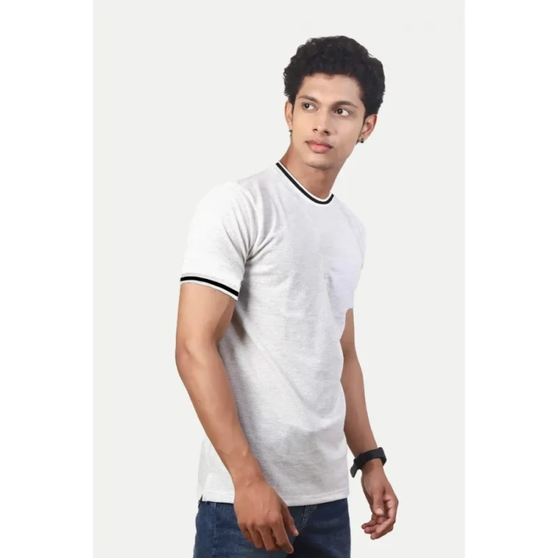 Generic Men's Casual Half sleeve Solid Polyester Crew Neck T-shirt (Ecru) - Image 5