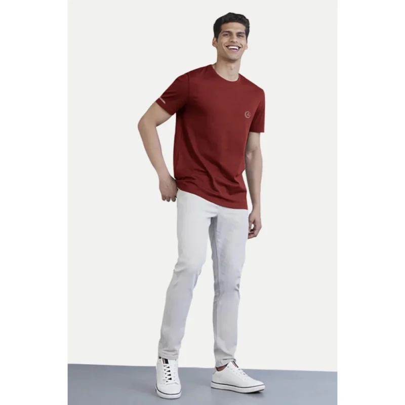 Generic Men's Casual Half sleeve Solid Polyester Crew Neck T-shirt (Maroon) - Image 5