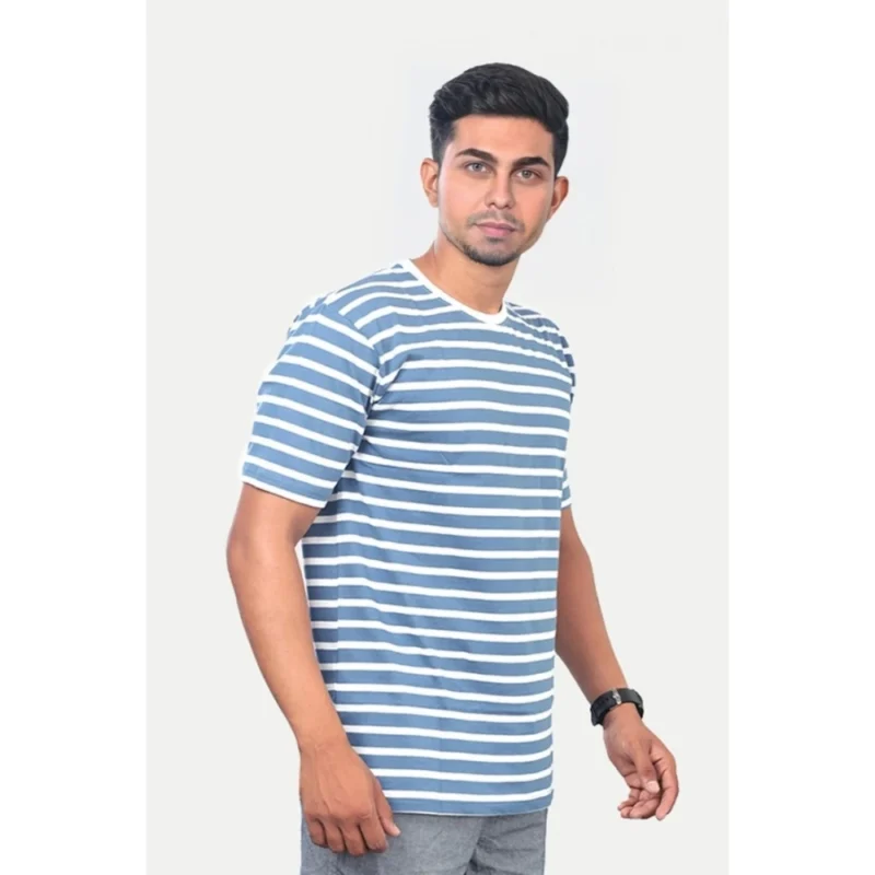 Generic Men's Casual Half sleeve Stripped Cotton Crew Neck T-shirt (Blue) - Image 4