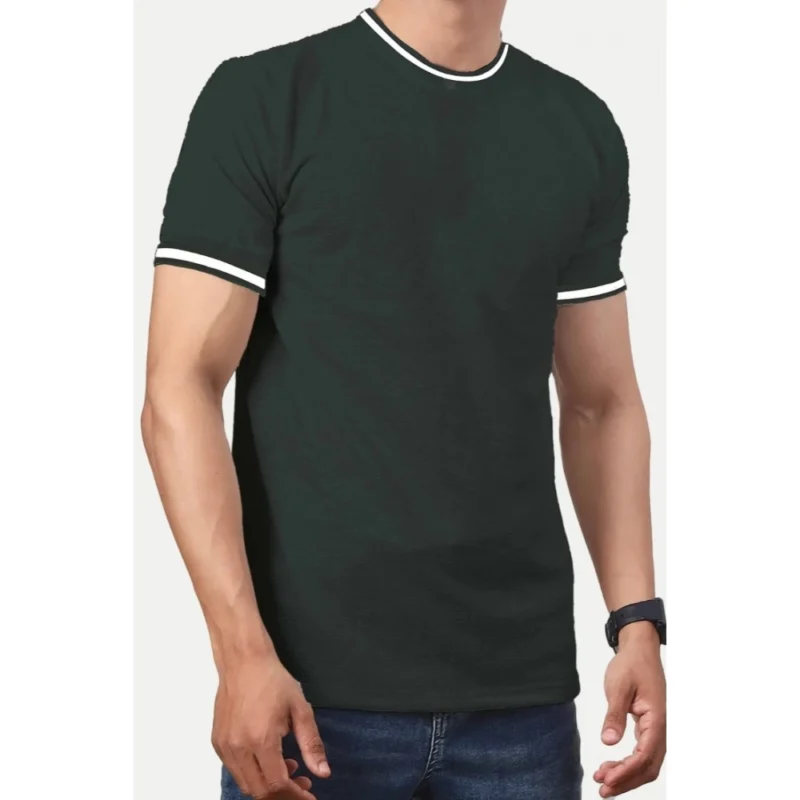 Generic Men's Casual Half sleeve Solid Polyester Crew Neck T-shirt (Olive) - Image 3