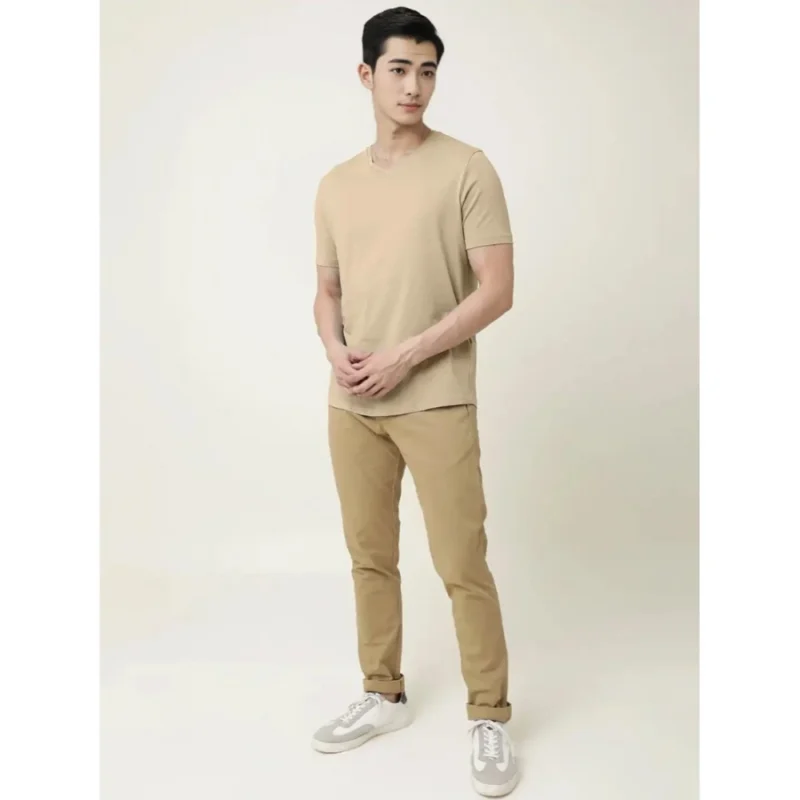 Generic Men's Casual Half sleeve Solid Cotton V Neck T-shirt (Beige) - Image 4