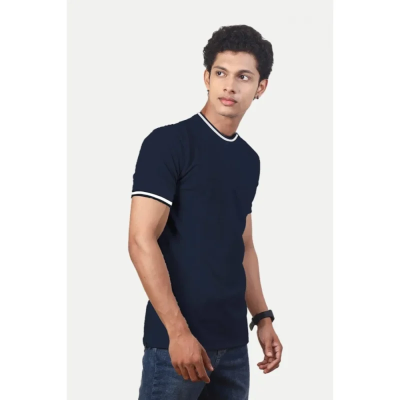 Generic Men's Casual Half sleeve Solid Polyester Crew Neck T-shirt (Navy) - Image 5