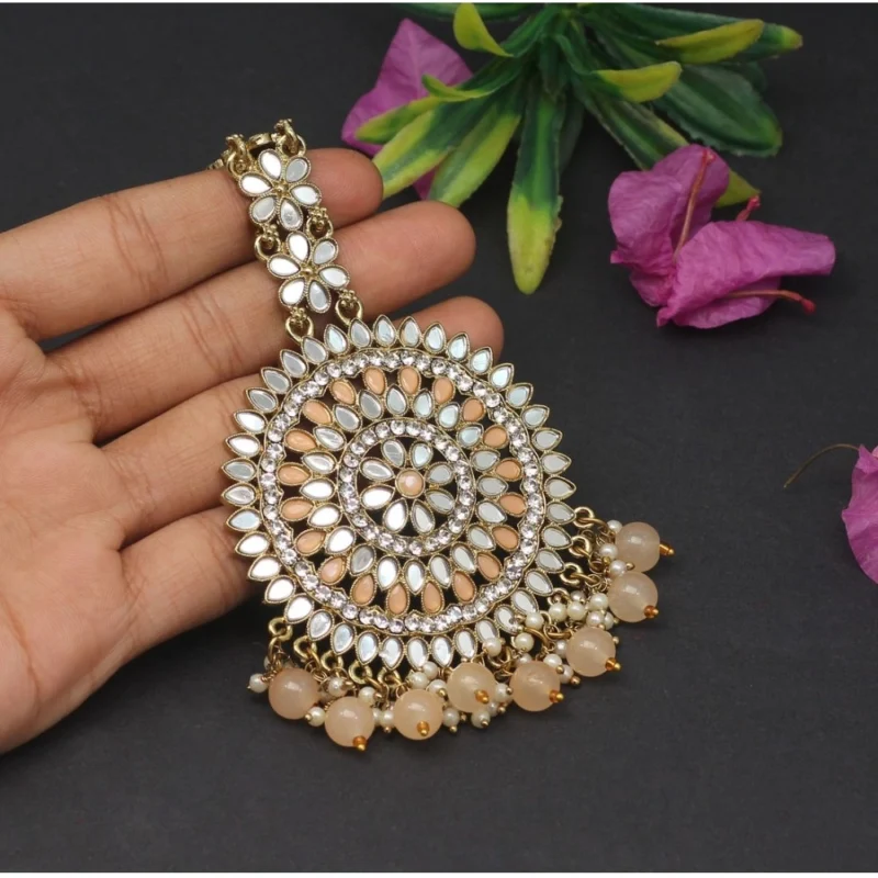 Generic Women's Peach Color Mirror Work Maang Tikka - Image 2
