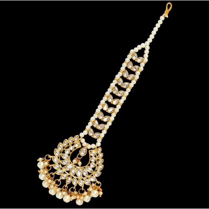 Generic Women's White Color Imitation Pearl & Kundan Maang Tikka - Image 2