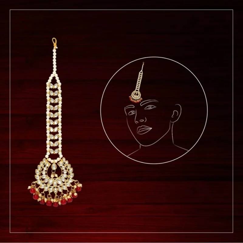 Generic Women's Red Color Imitation Pearl & Kundan Maang Tikka