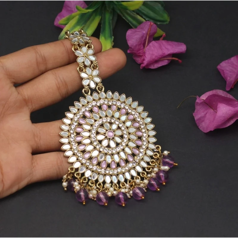 Generic Women's Purple Color Mirror Work Maang Tikka - Image 2