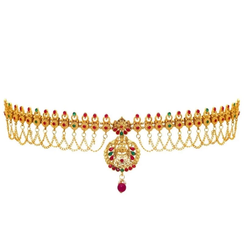 Generic Women's Maroon & Green Color Glass Stone Kamarband Adjustable Chain