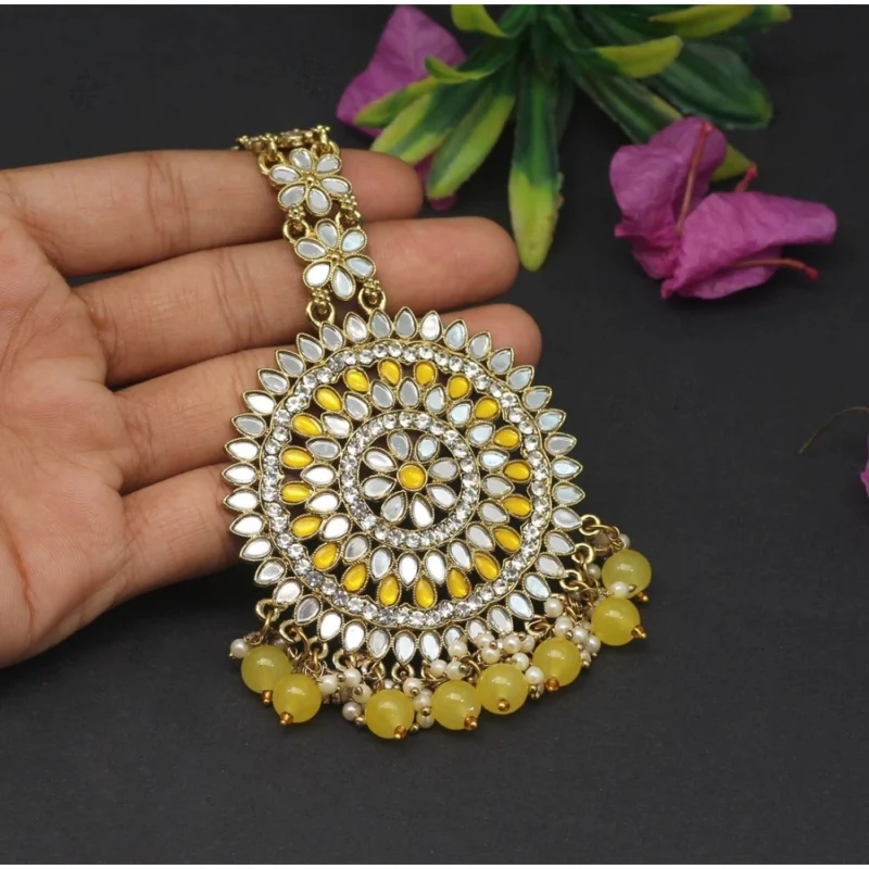 Generic Women's Yellow Color Mirror Work Maang Tikka - Image 2