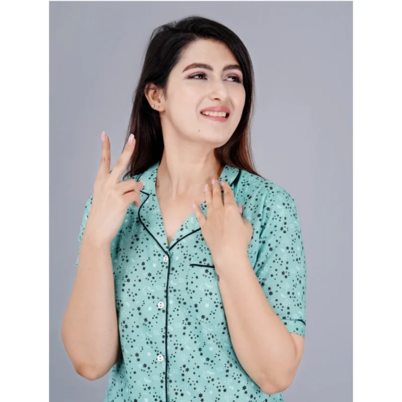Generic Women's Casual Half Sleeve Printed Viscose Rayon Shirt With Pyjama Pant Night Suit Set (Green) - Image 3