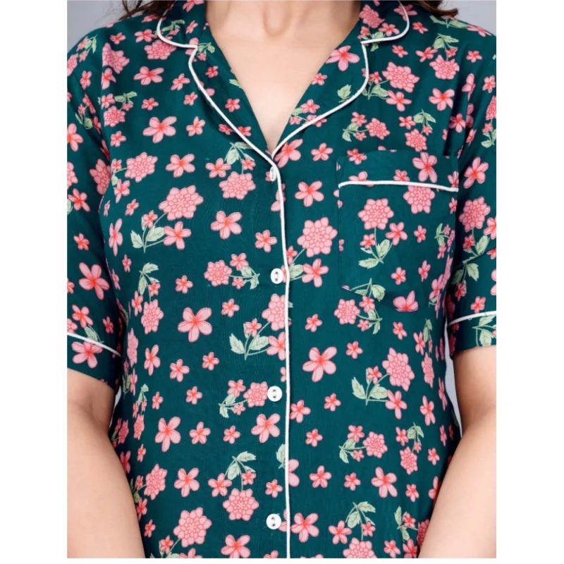 Generic Women's Casual Half Sleeve Printed Viscose Rayon Shirt With Pyjama Pant Night Suit Set (Teal) - Image 6