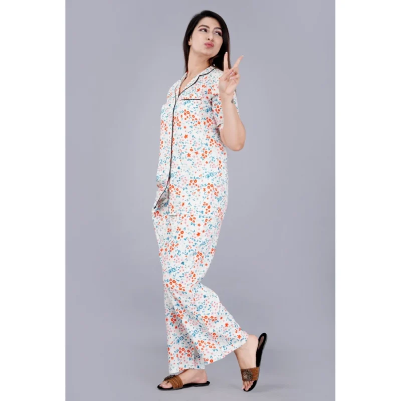 Generic Women's Casual Half Sleeve Printed Viscose Rayon Shirt With Pyjama Pant Night Suit Set (White) - Image 4