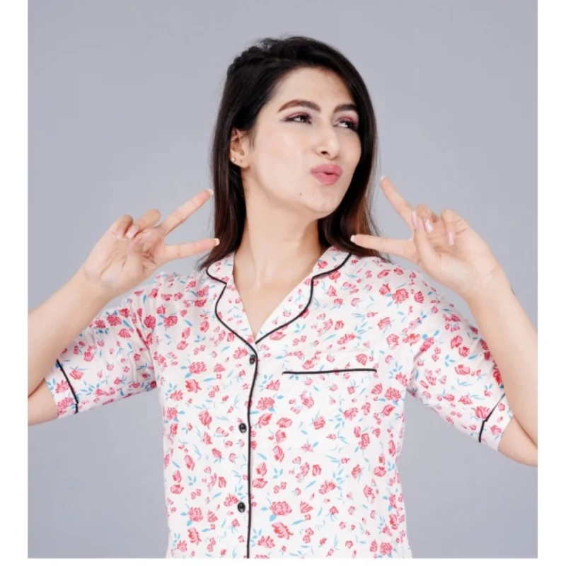 Generic Women's Casual Half Sleeve Printed Viscose Rayon Shirt With Pyjama Pant Night Suit Set (Baby Pink) - Image 3