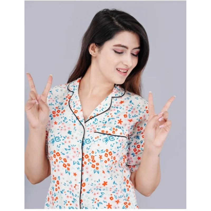 Generic Women's Casual Half Sleeve Printed Viscose Rayon Shirt With Pyjama Pant Night Suit Set (White) - Image 2