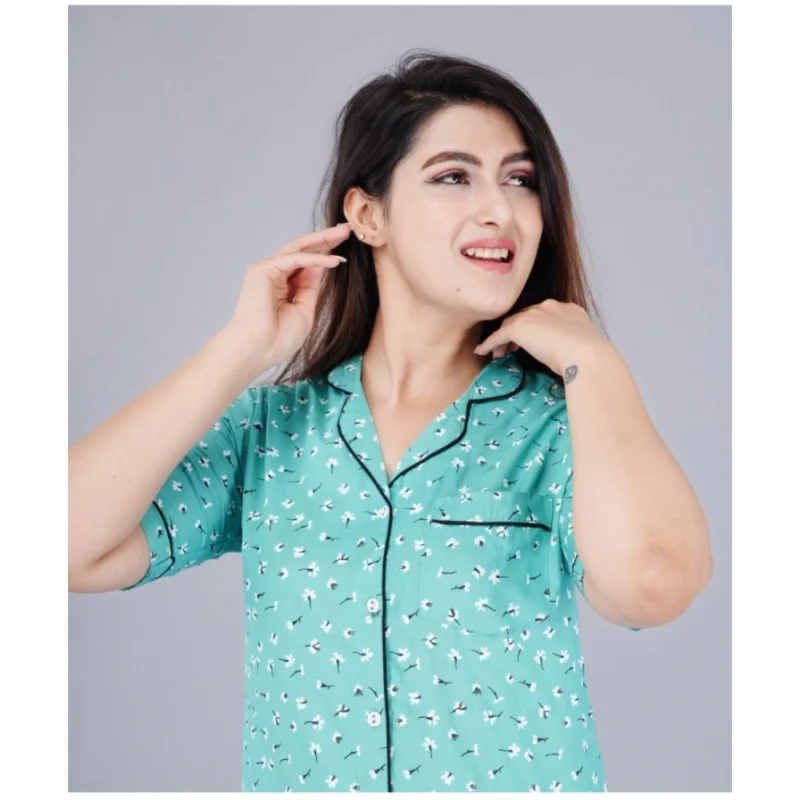 Generic Women's Casual Half Sleeve Printed Viscose Rayon Shirt With Pyjama Pant Night Suit Set (Green) - Image 2