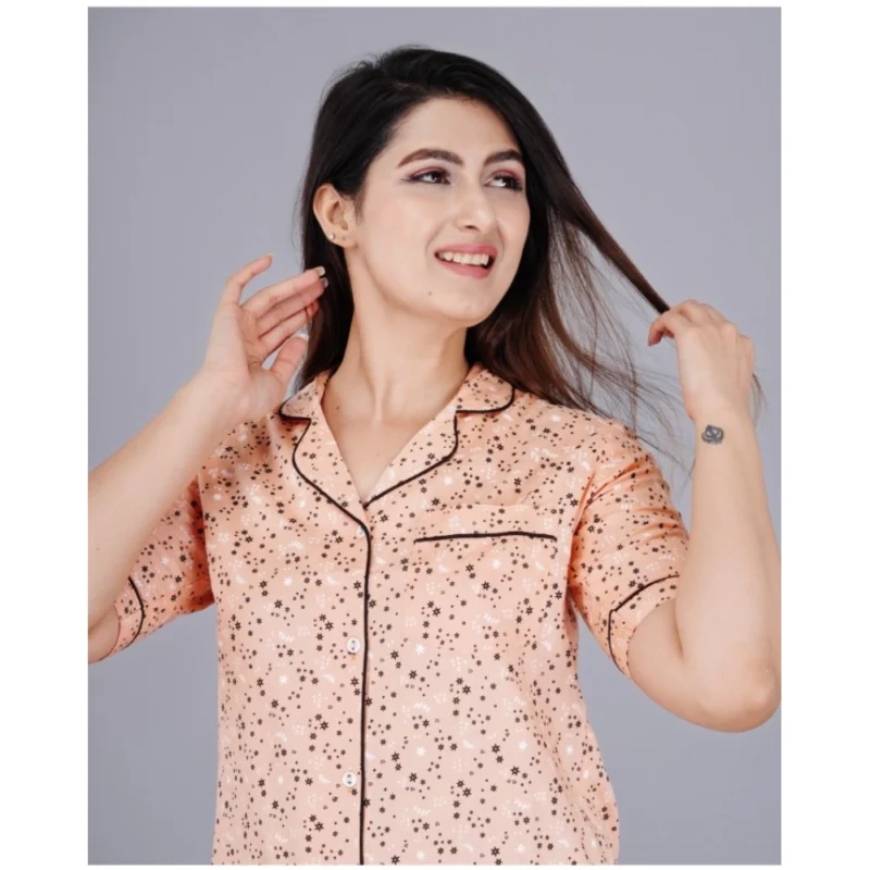 Generic Women's Casual Half Sleeve Printed Viscose Rayon Shirt With Pyjama Pant Night Suit Set (Peach) - Image 2