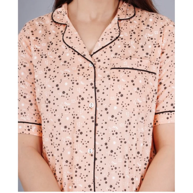 Generic Women's Casual Half Sleeve Printed Viscose Rayon Shirt With Pyjama Pant Night Suit Set (Peach) - Image 3