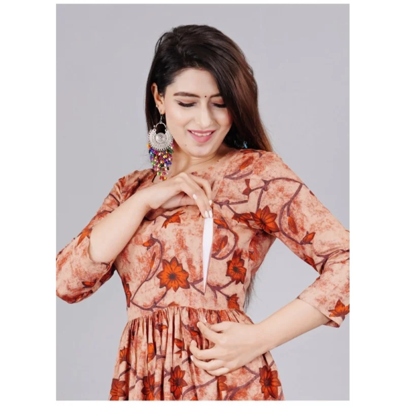 Generic Women's Casual 3/4 Sleeve Printed Viscose Maternity Feeding Kurti (Brown) - Image 4