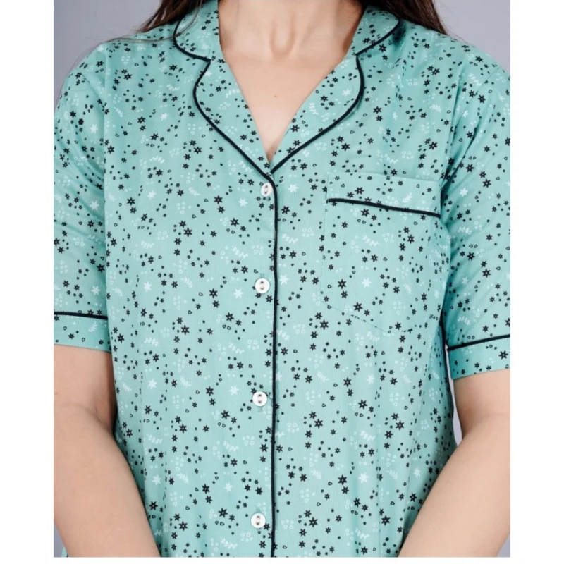 Generic Women's Casual Half Sleeve Printed Viscose Rayon Shirt With Pyjama Pant Night Suit Set (Green) - Image 4