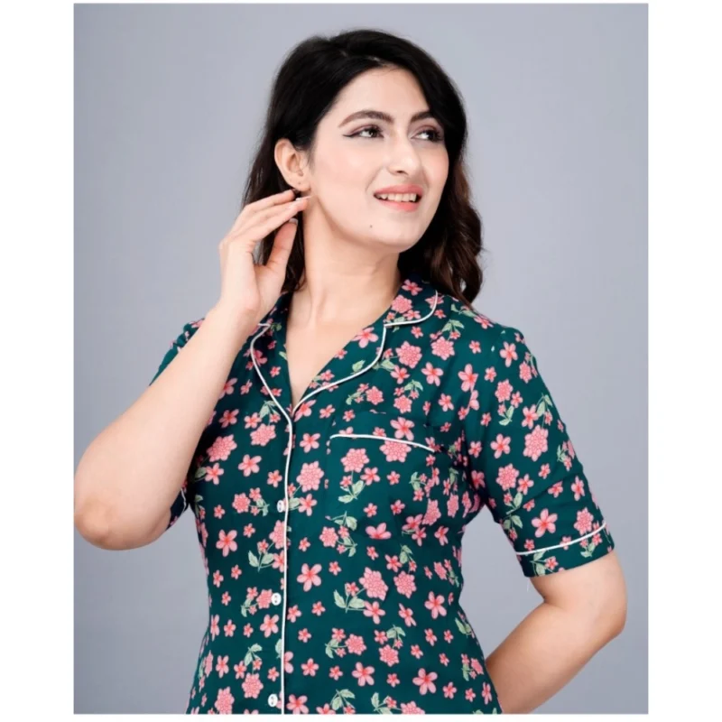 Generic Women's Casual Half Sleeve Printed Viscose Rayon Shirt With Pyjama Pant Night Suit Set (Teal) - Image 4