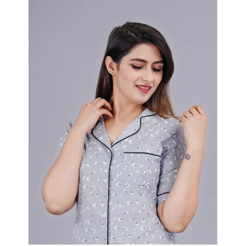 Generic Women's Casual Half Sleeve Printed Viscose Rayon Shirt With Pyjama Pant Night Suit Set (Grey) - Image 4