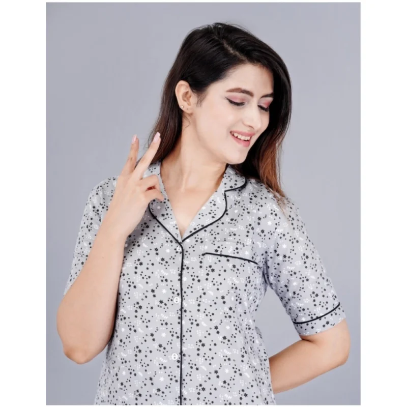 Generic Women's Casual Half Sleeve Printed Viscose Rayon Shirt With Pyjama Pant Night Suit Set (Grey) - Image 4