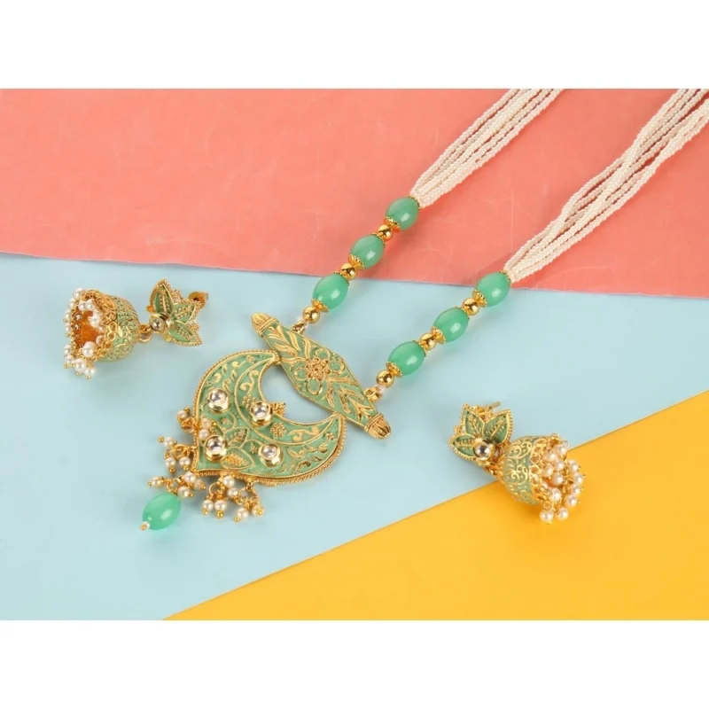 Generic Women's Rose Gold Plated Alloy Necklace & Earings Set (Green) - Image 4