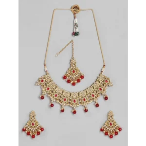 Generic Women's Rose Gold Plated Alloy Necklace & Earings Set (Red)