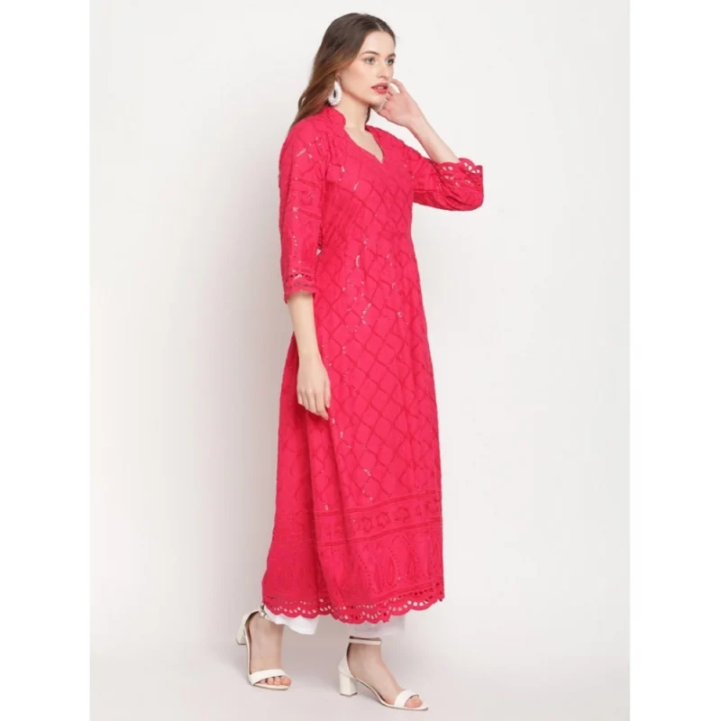 Generic Women's Casual 3/4th Sleeve Embroidered Cotton Kurti (Magenta) - Image 3