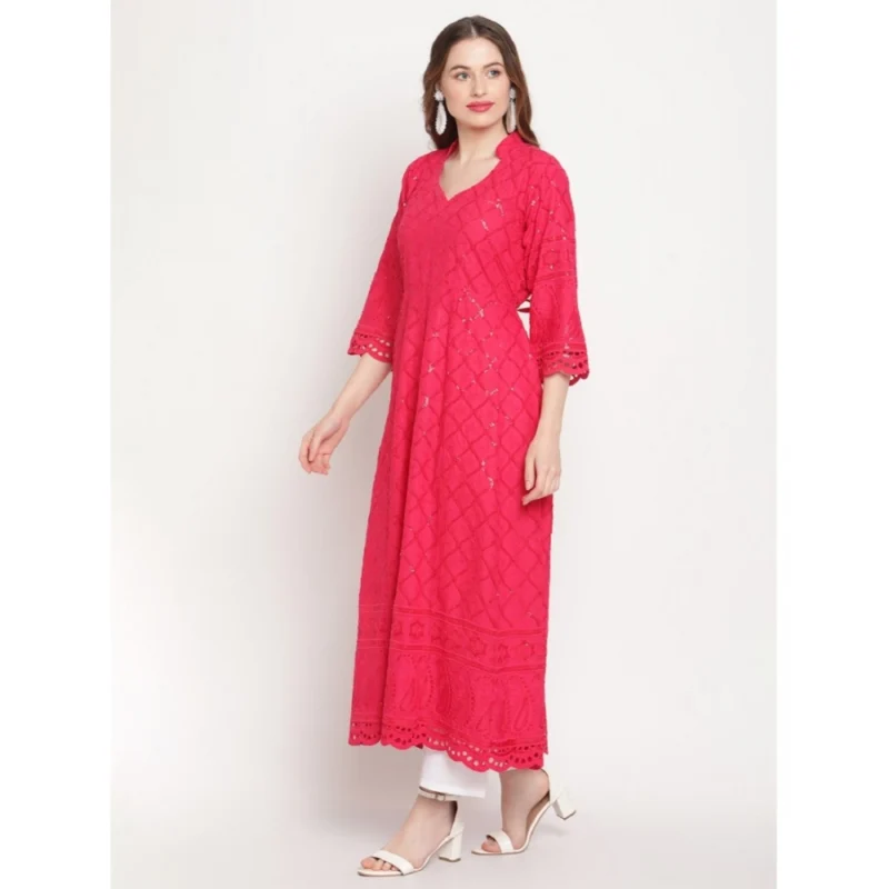 Generic Women's Casual 3/4th Sleeve Embroidered Cotton Kurti (Magenta) - Image 4