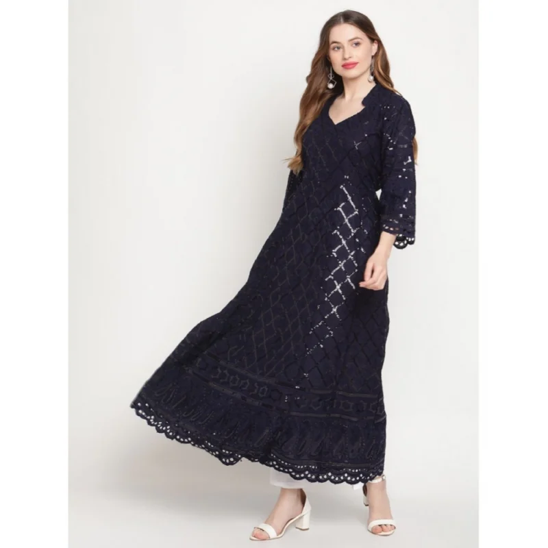 Generic Women's Casual 3/4th Sleeve Embroidered Cotton Kurti (Navy Blue) - Image 2