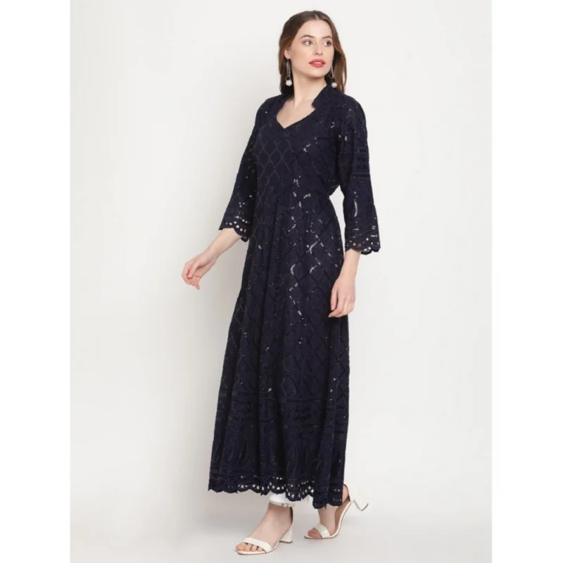 Generic Women's Casual 3/4th Sleeve Embroidered Cotton Kurti (Navy Blue) - Image 4