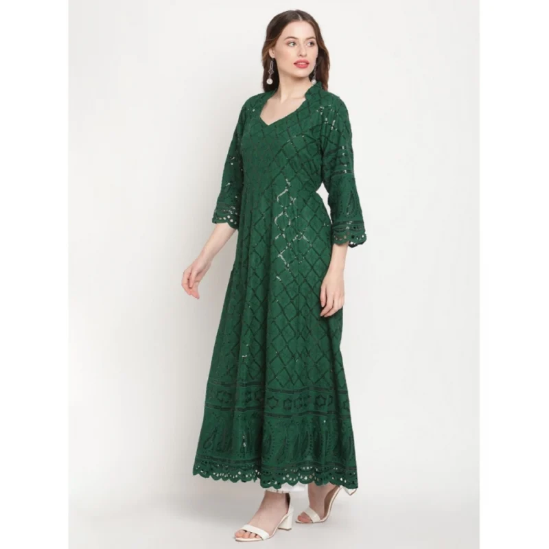 Generic Women's Casual 3/4th Sleeve Embroidered Cotton Kurti (Dark Green) - Image 4