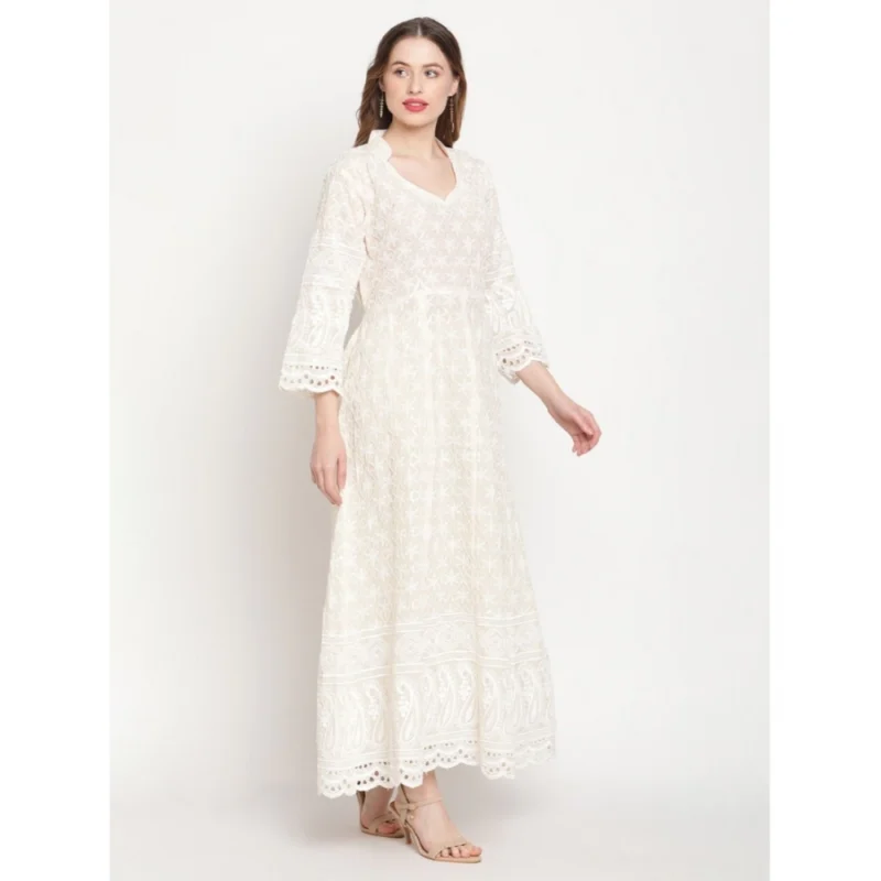 Generic Women's Casual 3/4th Sleeve Embroidered Cotton Kurti (White) - Image 3